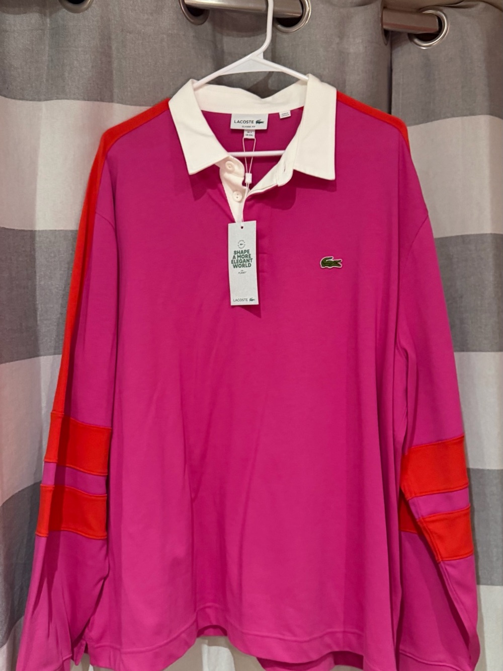 Lacoste Hot Pink Rugby Polo with Red Stripes and White Collar